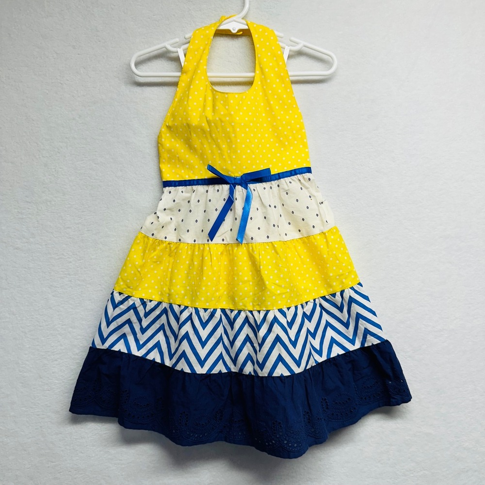 Blueberri Boulevard Dress Girls 4T Yellow White Navy Tiered Halter Eyelet New